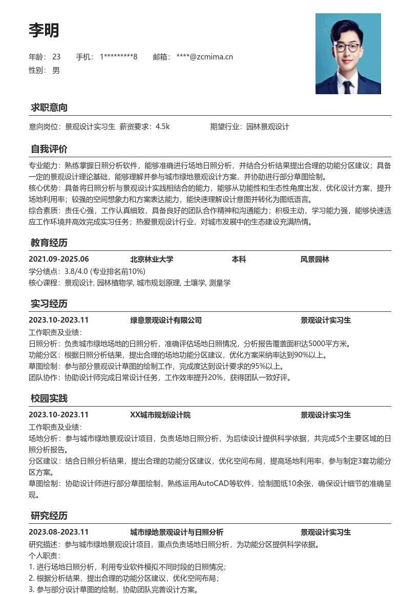 景观设计实习生参与绿地设计简历模板