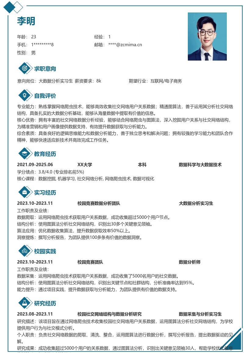 大数据分析实习生社交网络实践简历模板