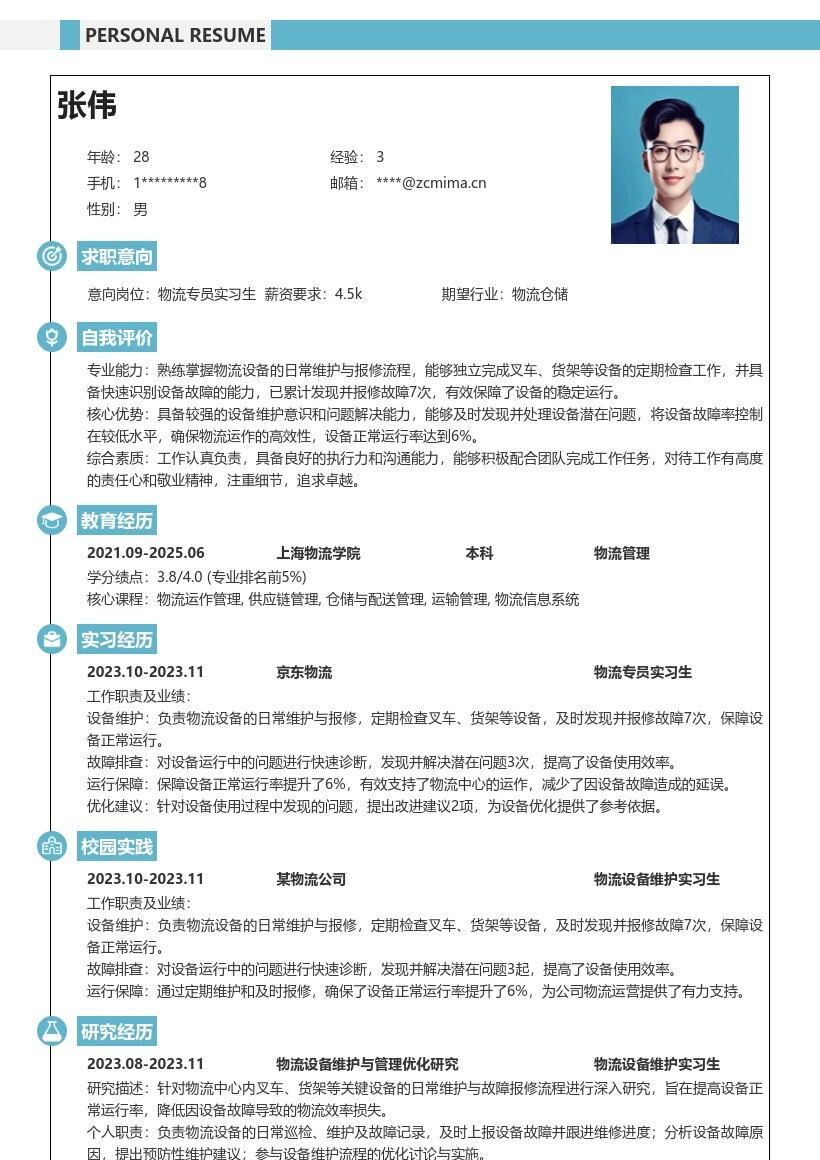 物流专员实习生设备维护简历模板