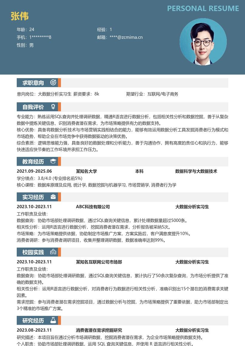 20多套大数据分析实习生岗位简历模板合集word版