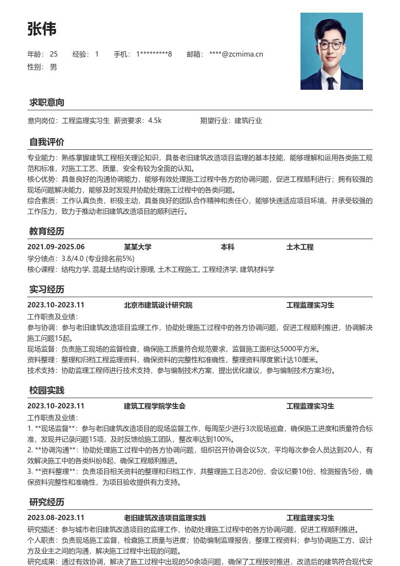 工程监理实习生老旧建筑改造简历模板