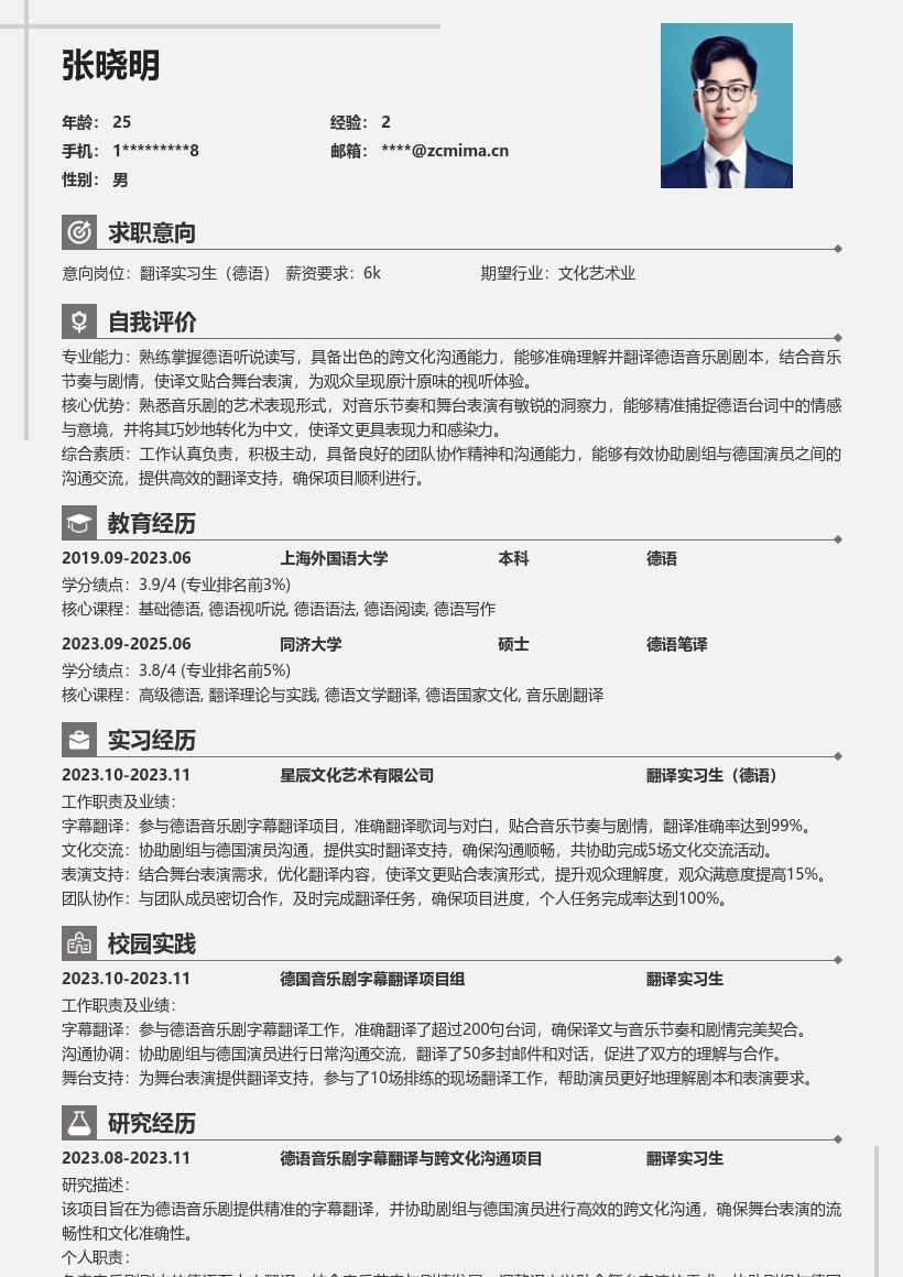 翻译实习生德语岗位参与音乐剧项目简历模板