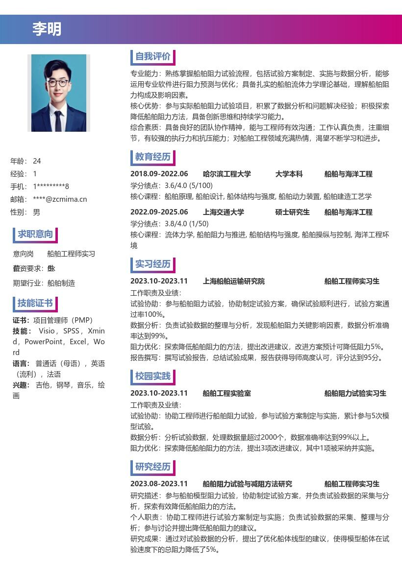 船舶工程师实习生参与试验简历模板