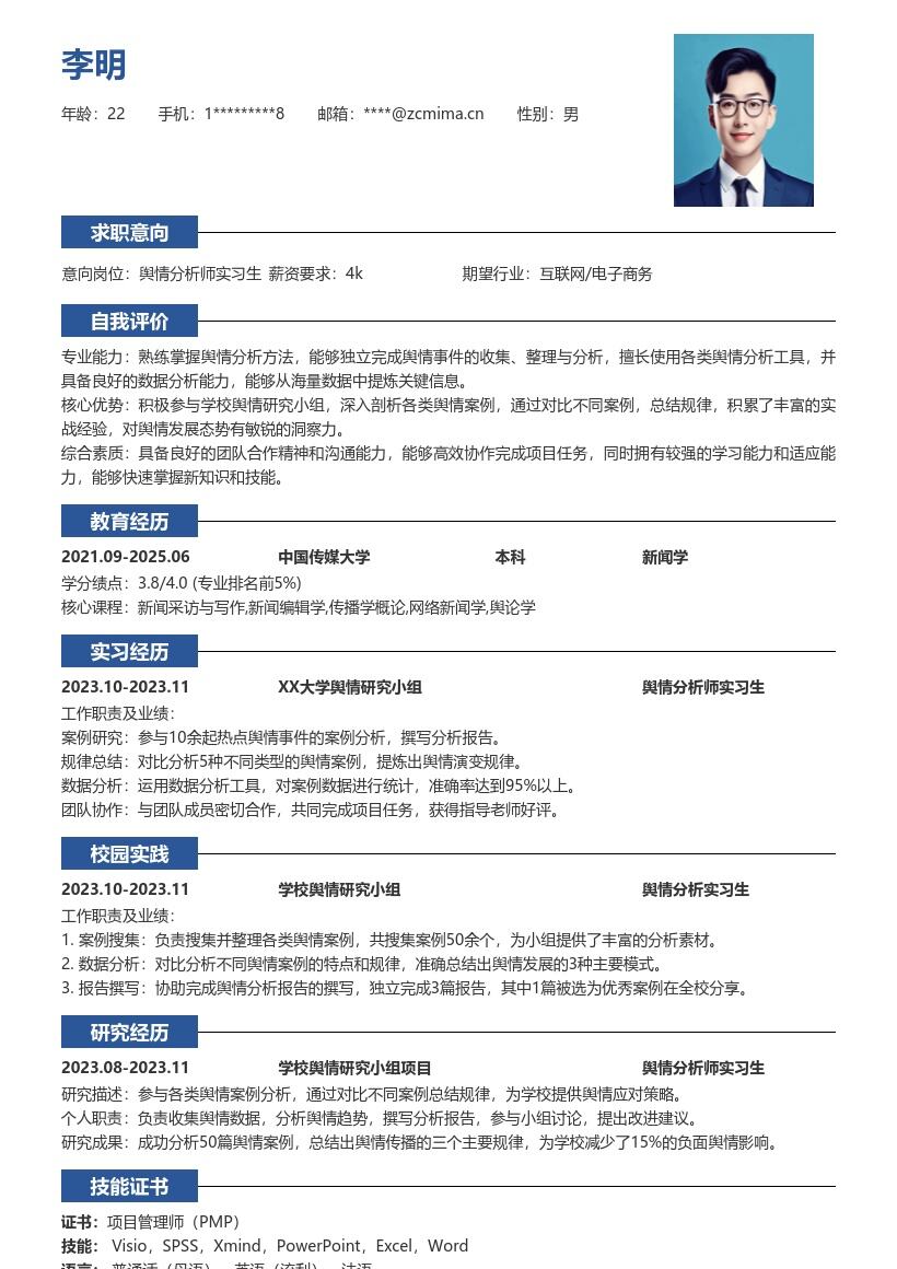 舆情分析师实习生参与案例分析简历模板