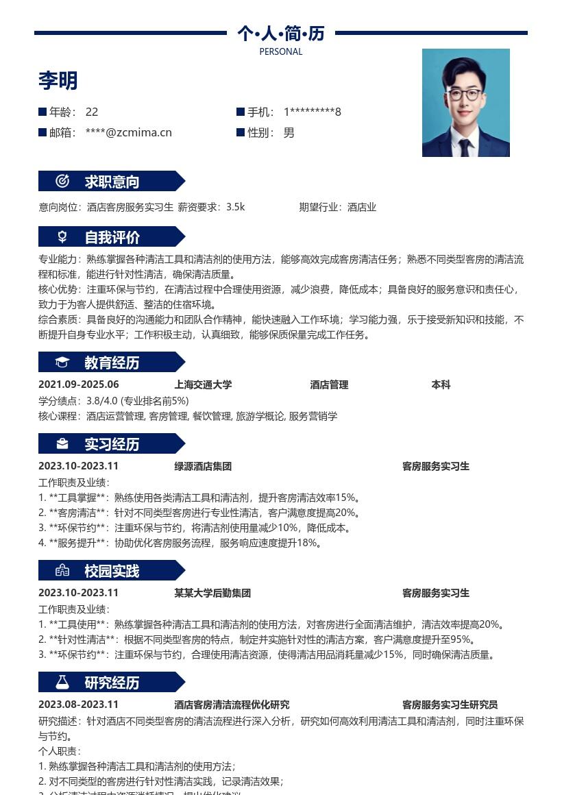 酒店客房服务实习生超详细简历模板