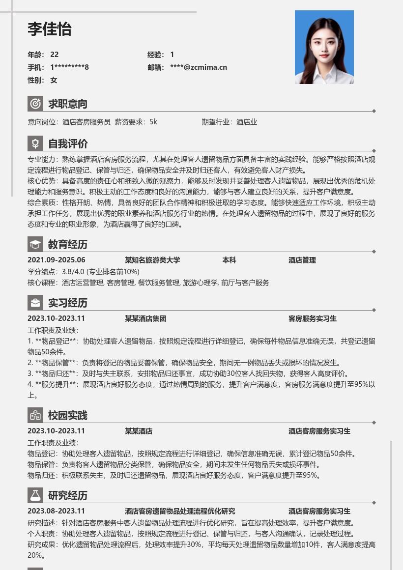 酒店客房服务实习生处理遗留物品简历模板