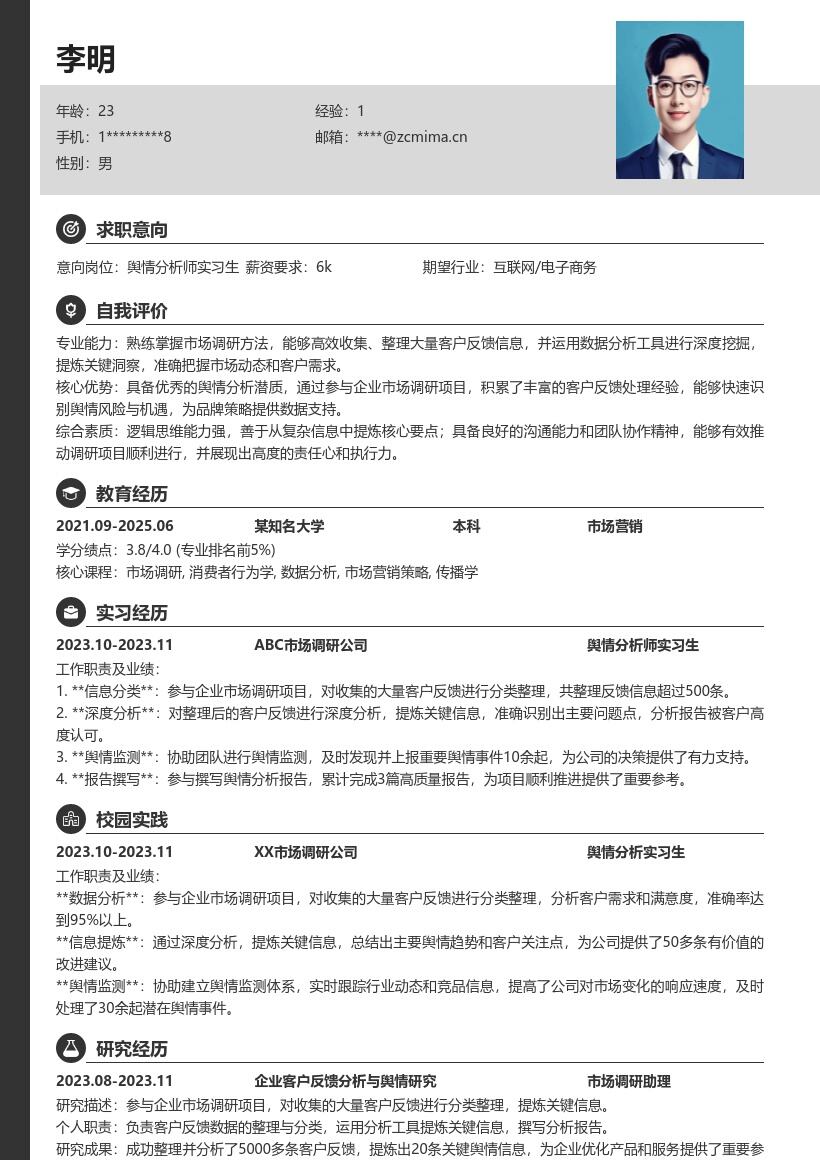 舆情分析师实习生企业调研经验简历模板