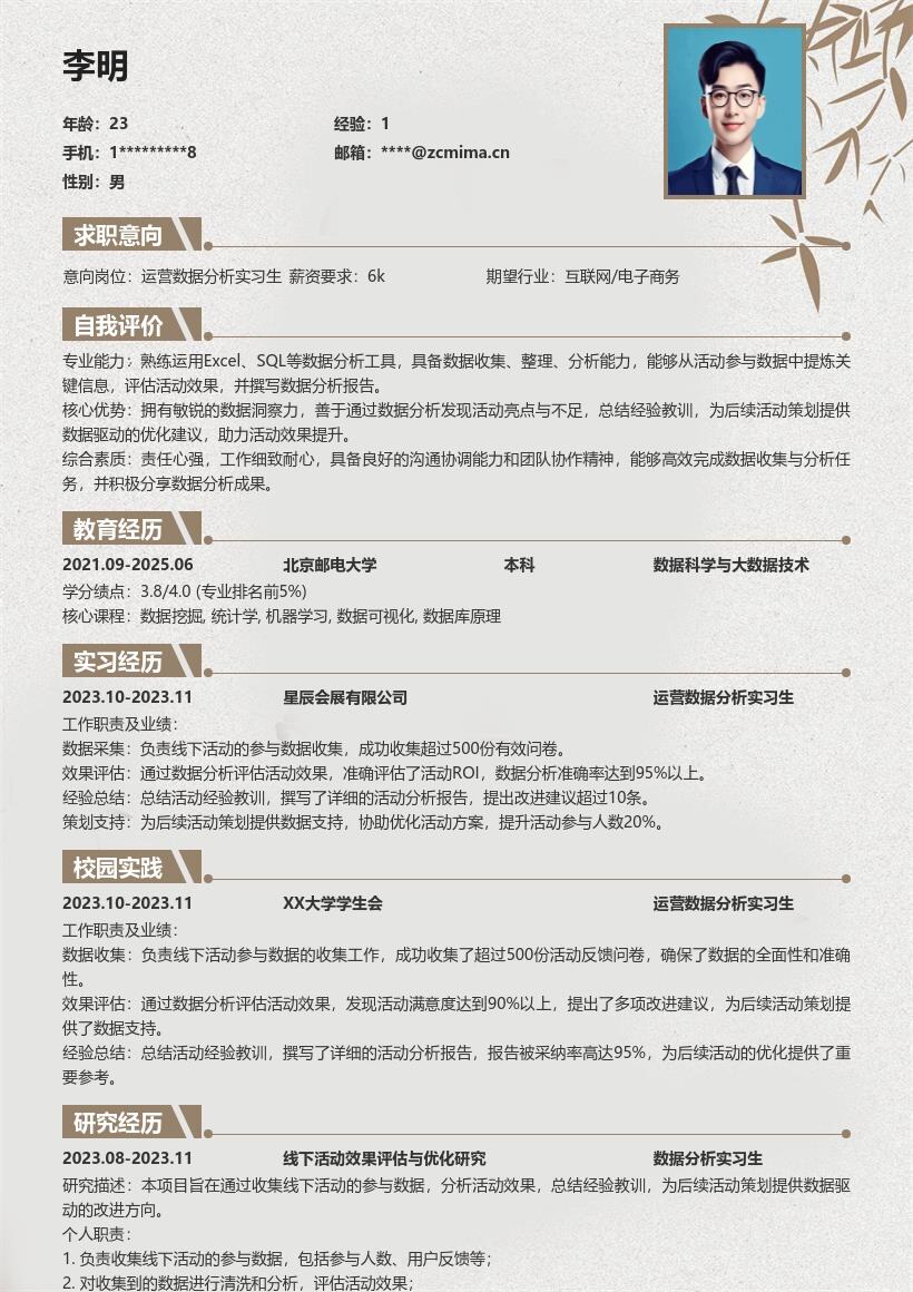 运营数据分析实习生收集评估活动简历模板