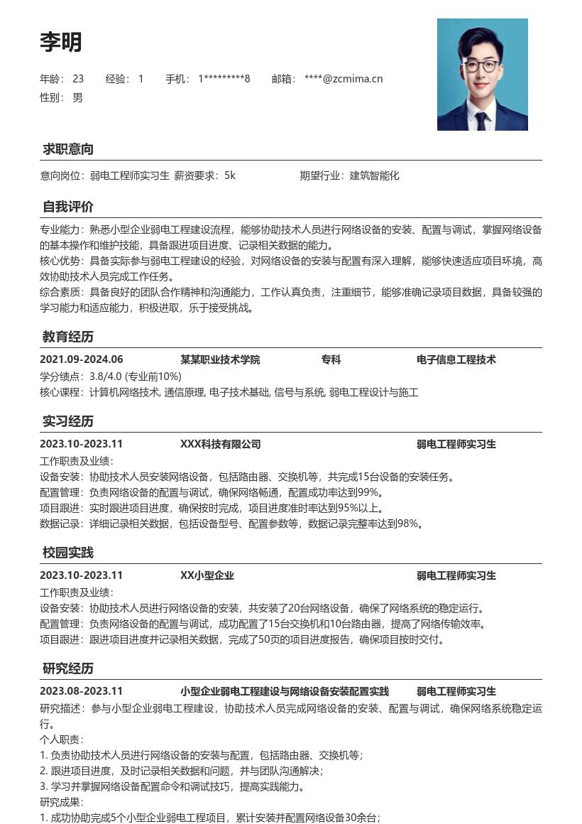 弱电工程师实习生小型项目经验简历模板