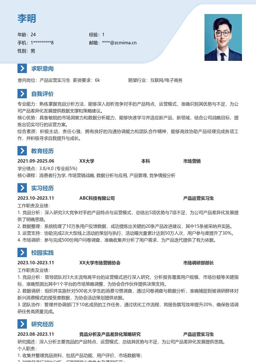 产品运营实习生竞品分析思路简历模板