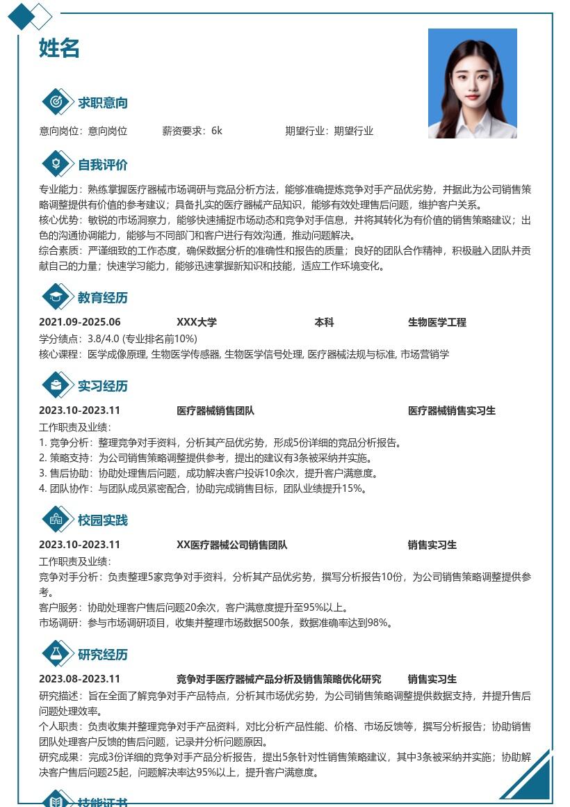 医疗器械销售实习生岗位简历模板含职责亮点 