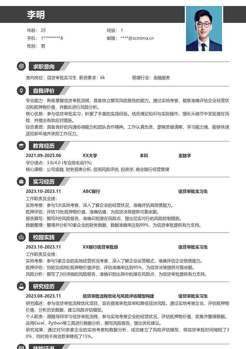 信贷审批实习生参与考察评估的简历模板