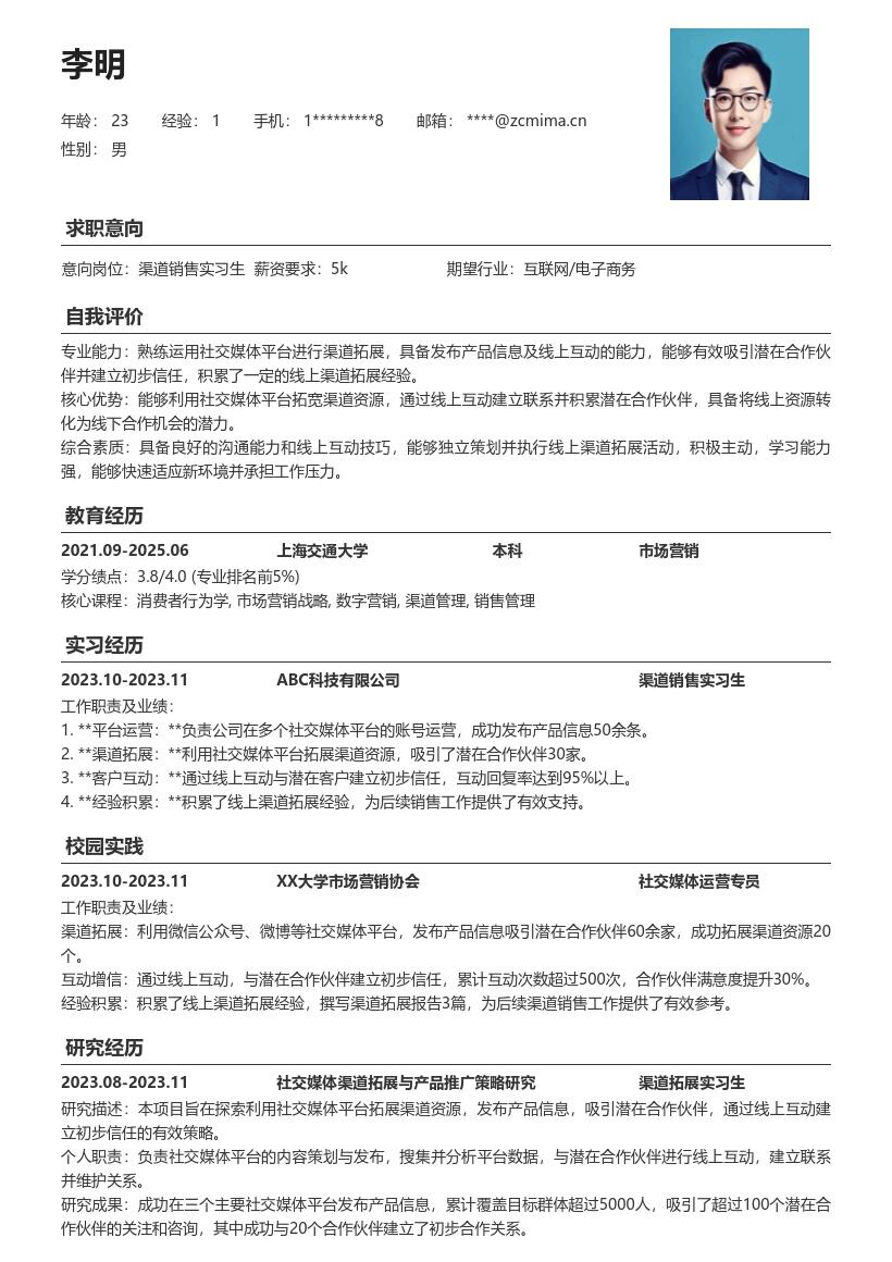 渠道销售实习生积累线上拓展经验简历模板