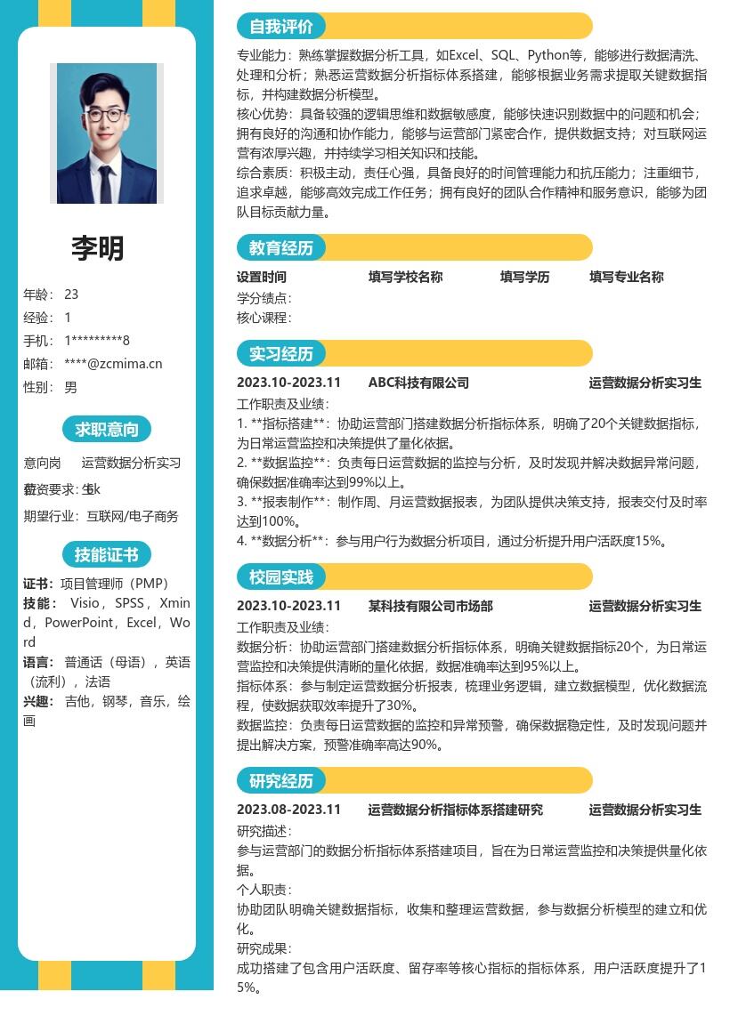 运营数据分析实习生搭建指标体系简历模板