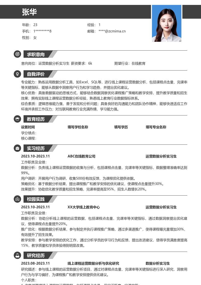 运营数据分析实习生岗位课程运营简历模板