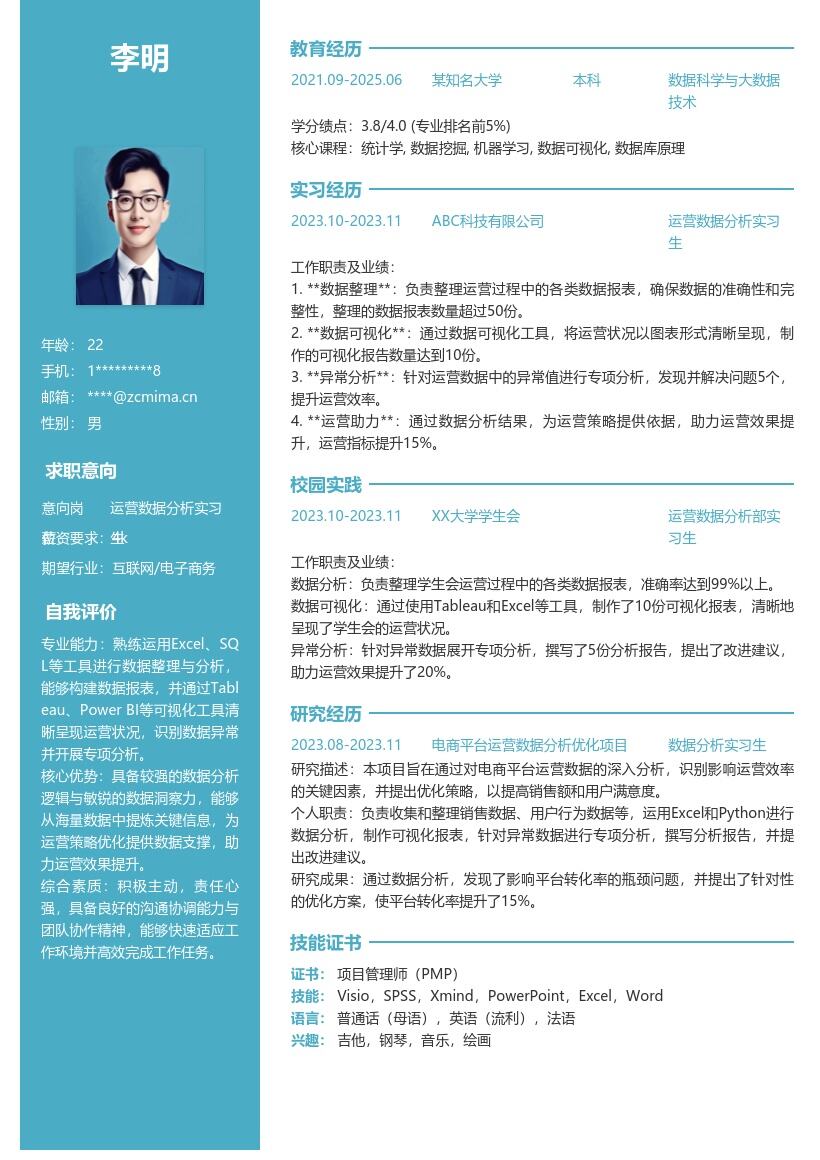 运营数据分析实习生必备简历模板 