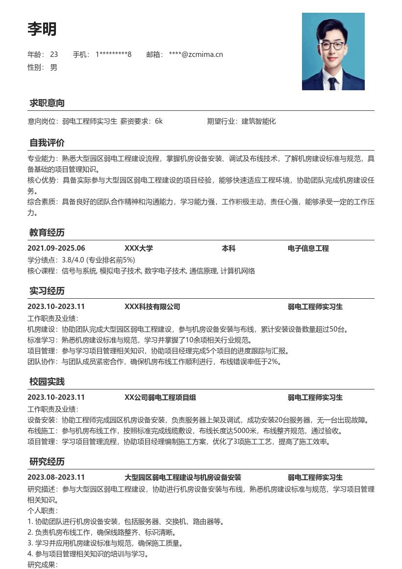 弱电工程师实习生参与园区项目简历模板