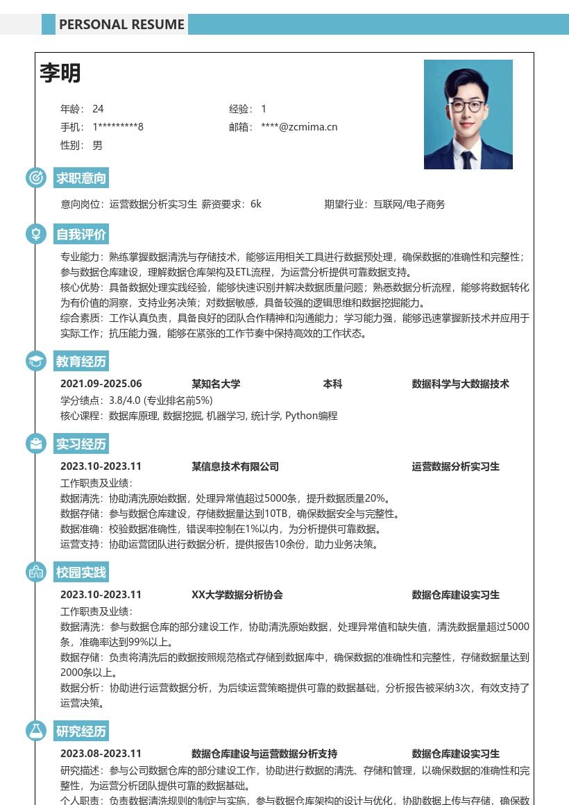 运营数据分析实习生简历模板突出数据处理经历 