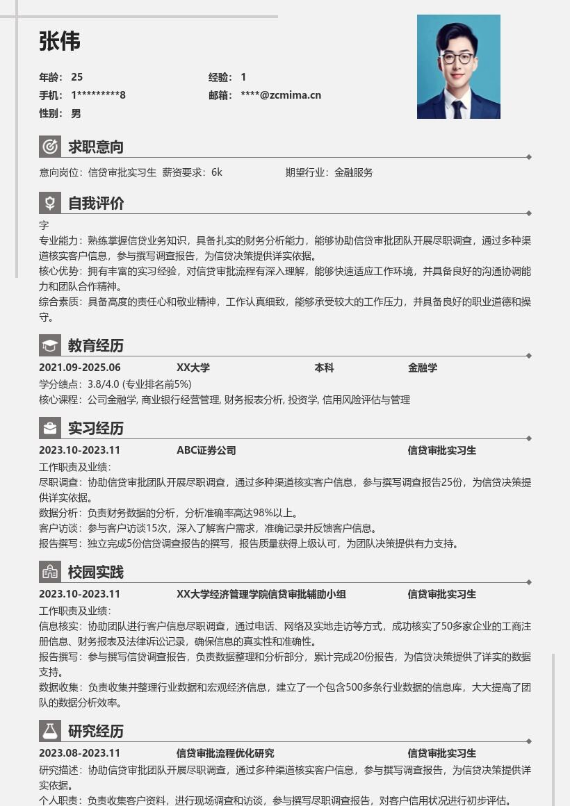 信贷审批实习生参与调查撰写报告简历模板
