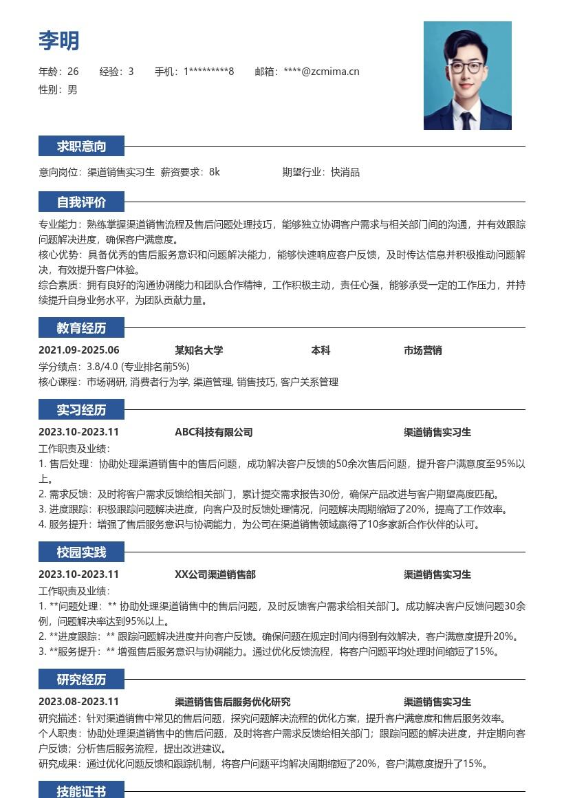 渠道销售实习生处理售后问题简历模板